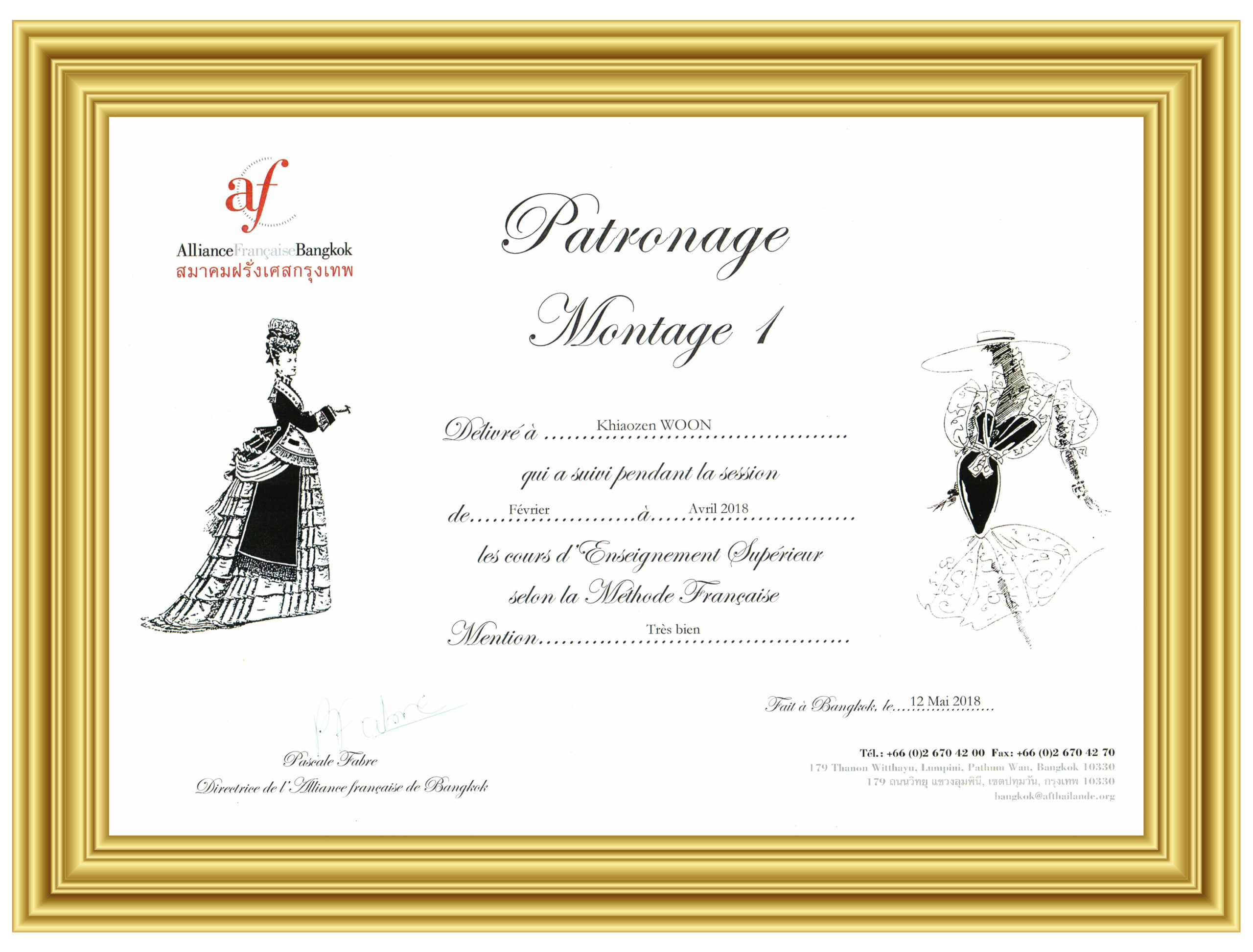 Professional Certification in French Couture Dressmaking — Awarded to Woon Khiaozen
