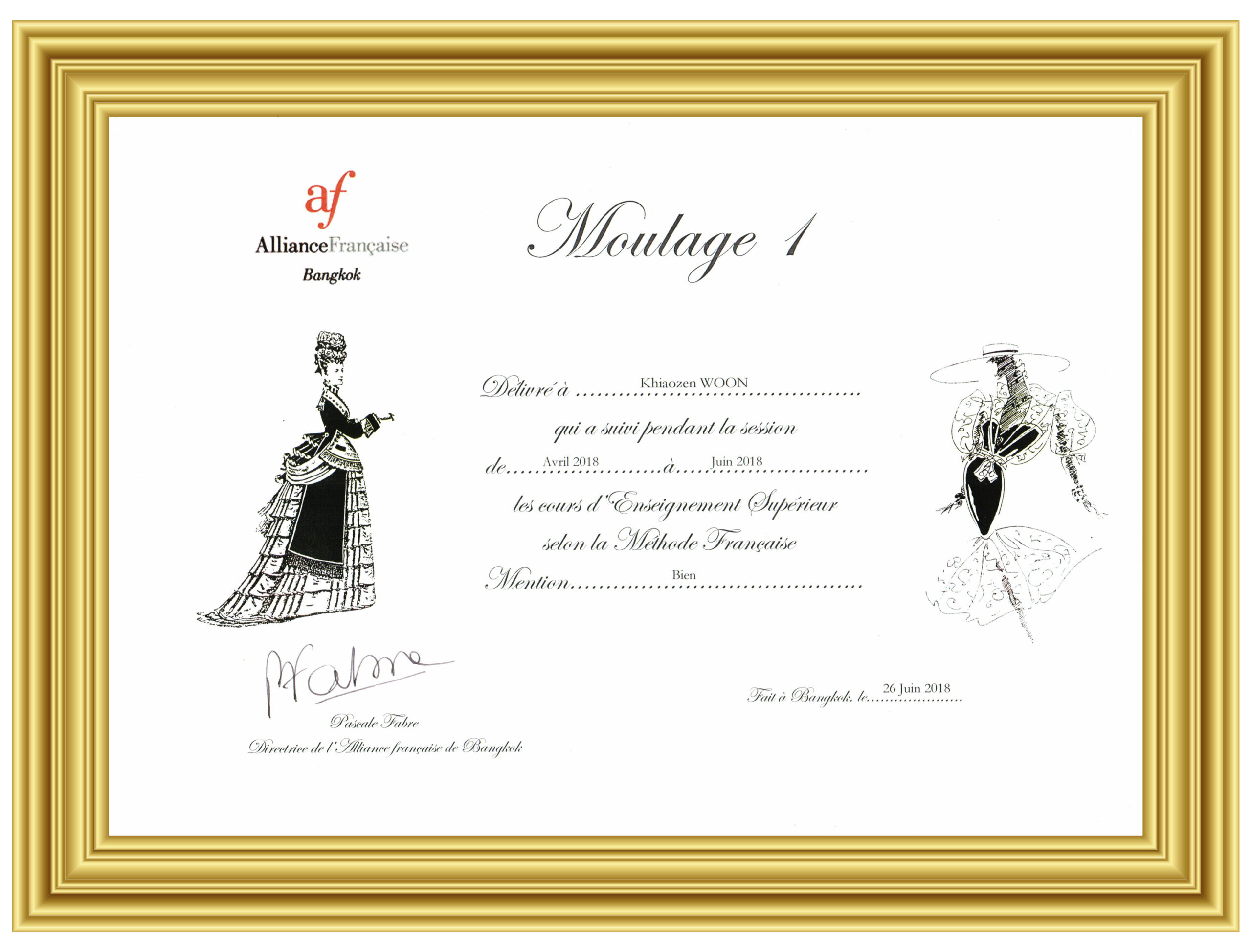 Professional Certification in French Couture Dressmaking — Awarded to Woon Khiaozen